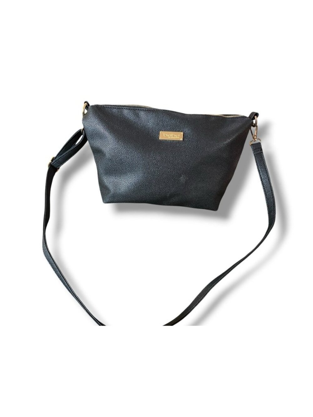 Bebe Pebbled Black Purse Top Zip Shoulder Bag With Gold Accent Hardware
